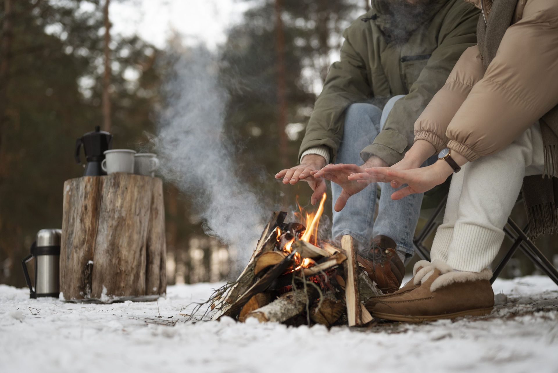A winter bonfire in the forest